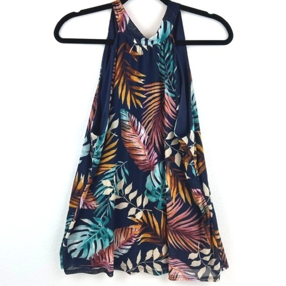 Another Reason Navy Tropical Palm Mesh Halter Neck Tie Back Tank Top XL‎